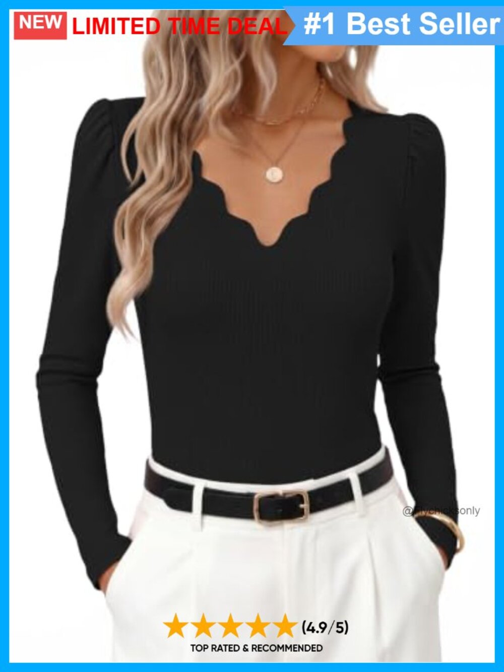 Puff Long Sleeve V-Neck Slim Fit Scalloped Knit Work Top